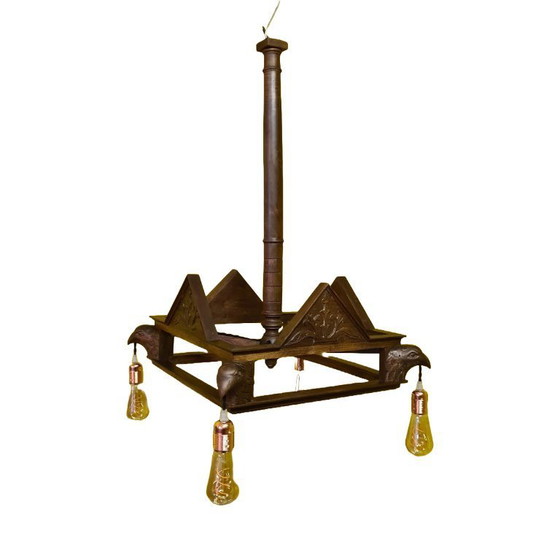 Image 1 of Lámpara colgante francesa de madera con cabezas de águila de alrededor de 1900