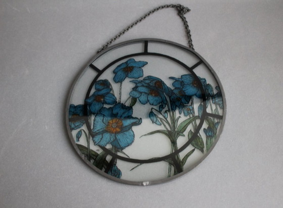 Image 1 of Window picture 20cm suncatcher stained glass motif blue poppies