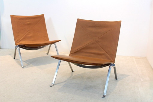 Cognac Lederen PK22 stoelen van Poul Kjærholm voor E. Kold Christensen, Denemarken jaren 50