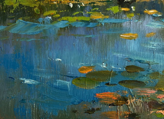 Image 1 of Original Oil Painting Summer River Landscape Crossing to the other bank