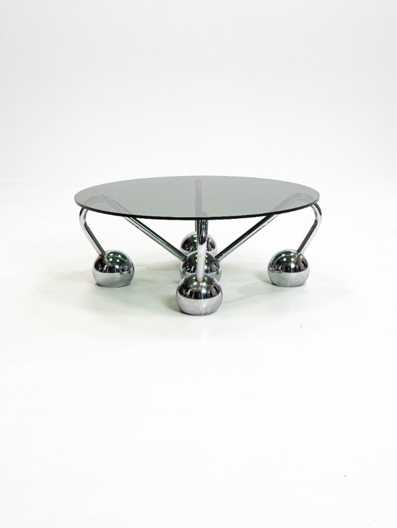 Image 1 of Sputnik salontafel in verchroomd metaal en gerookt glas, jaren 70, Italië