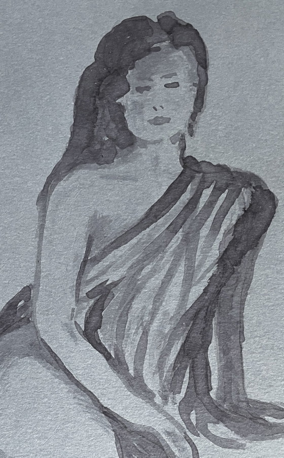 Image 1 of Aquarelle Monochrome sur Papier Denim - Portrait Féminin