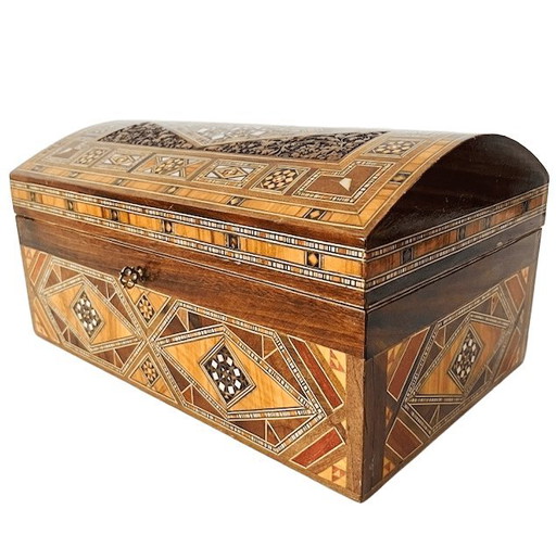 Vintage XL Khatam geometric wooden jewelry box with lock, mother-of-pearl inlay wood, 1970s