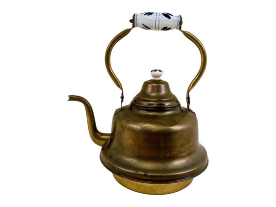 Image 1 of Vintage brass tea kettle with porcelain handle – country style