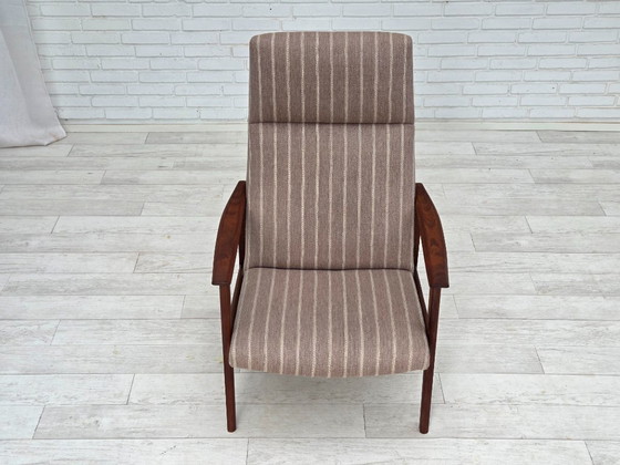 Image 1 of Poltrona danese con schienale alto, anni '70, lana per mobili, legno di teak, originale.