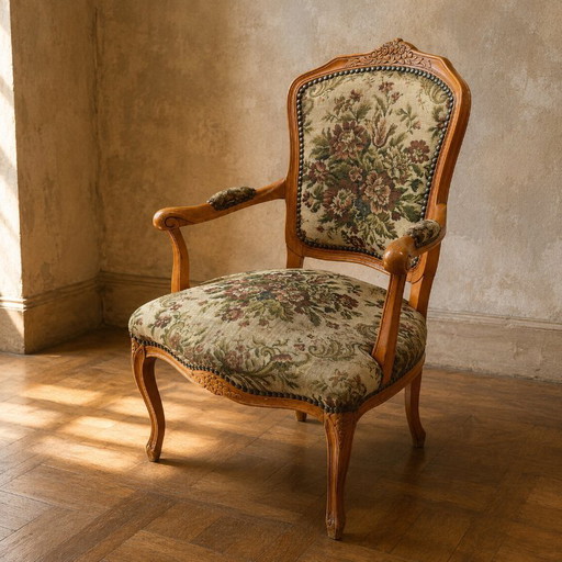 Louis XV Style Floral Tapestry Armchair with Carved Wood Frame, 1950s–1970s