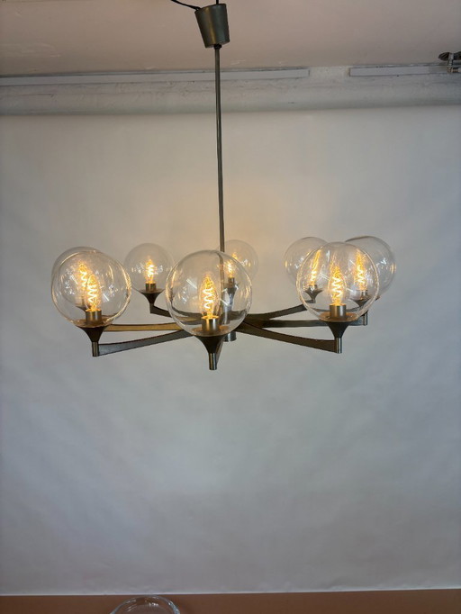 6-Armige Hanglamp Met Glazen Kappen - 1960