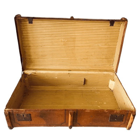 Image 1 of Antique XL canvas trunk with wooden bumpers 1900s