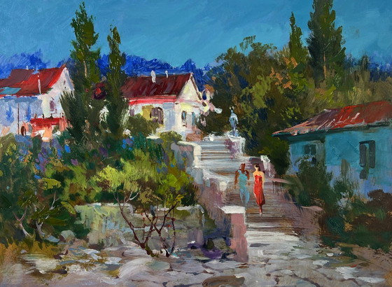 Image 1 of Original Oil Painting Summer Houses Landscape A walk through the city streets