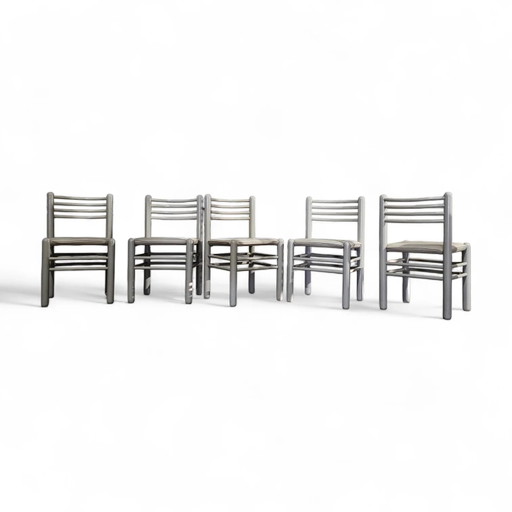 Eetkamerset / Tafel / 5 Stoelen / Lichtgrijs Houten Frame / Lederen Zitting / Duits / Jaren 80 / 'ideas for kitchens - interior'