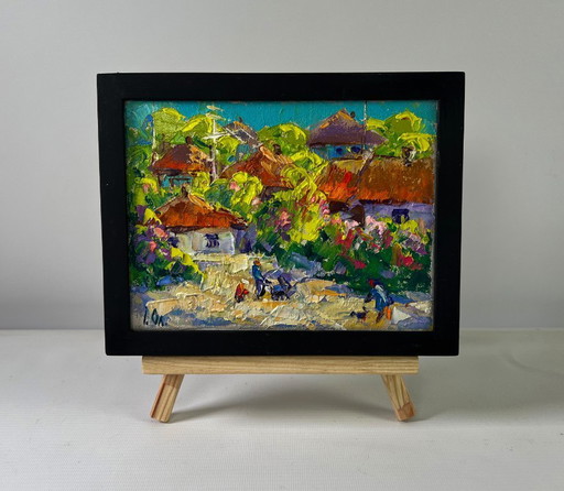 Original Oil Painting Summer Village Landscape Bloom and light between buildings