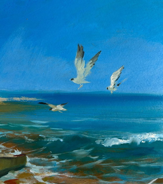 Image 1 of Pintura al óleo original Paisaje costero marino Sonidos de pájaros y olas del mar