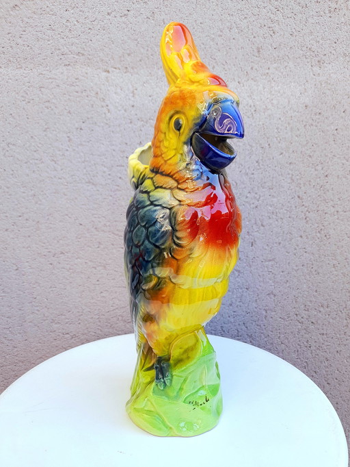 Parrot pitcher in St Clément barbotine, 1950
