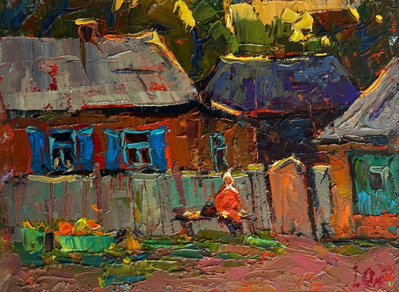 Image 1 of Original Oil Painting Evening Village Landscape Evening silence in the village