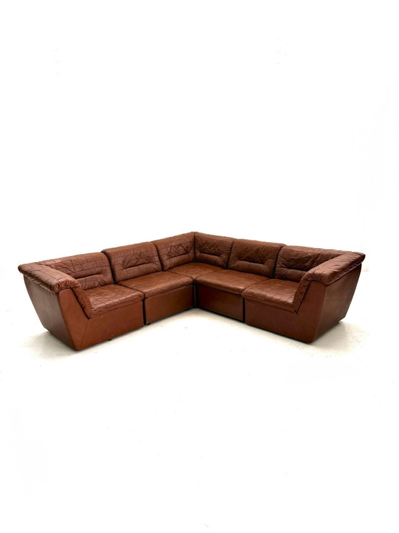 Vintage 6-delige modulaire patchwork elementenbank ‘80, Modulaire banken, Kunststof, Leer, Bruin (foto 6 van 10)