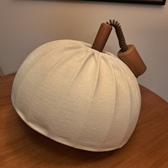 DOMUS 1970s Teak 5-Arm Pendant Lamp – Original Fabric Shade – Mid Century, Very Good Condition (photo 5 of 12)