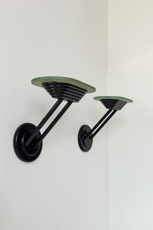 Pair of vintage black metal and sandblasted glass wall lights, Italy 1980