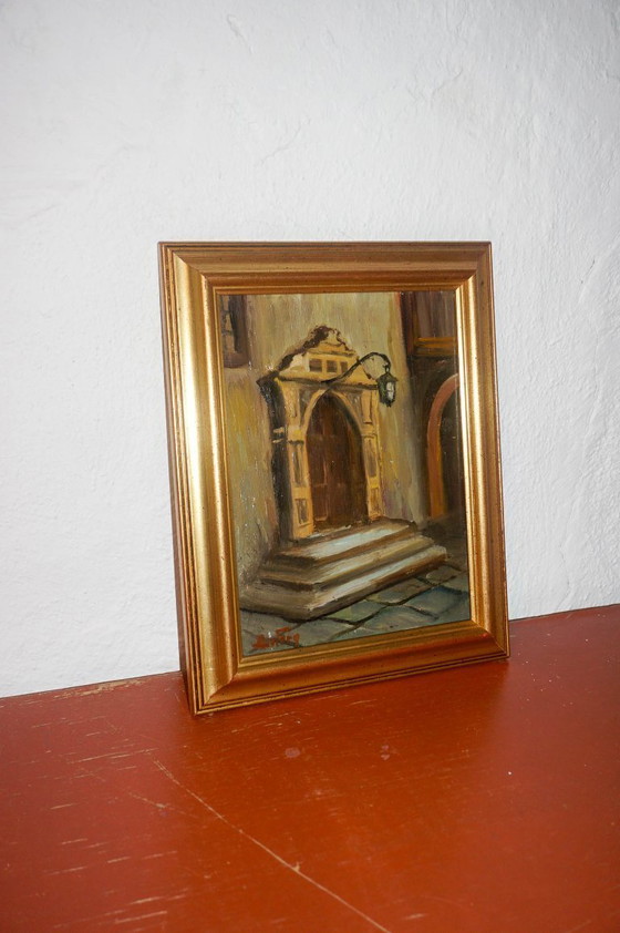Image 1 of vintage architectural painting * signed framed oil painting * european doorway scene * mid-century artwork