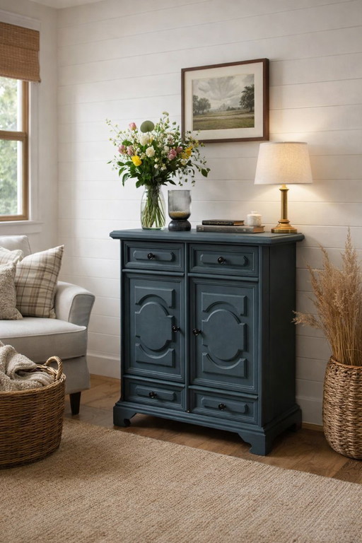 Unieke Petrol blauwgrijs Vintage Kast – Handgeschilderd