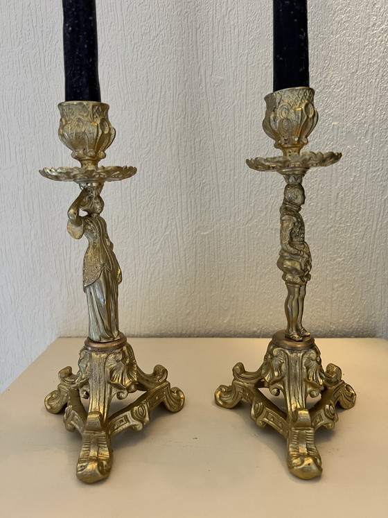 Image 1 of Pair of Empire style bronze candlesticks with female and male figurines