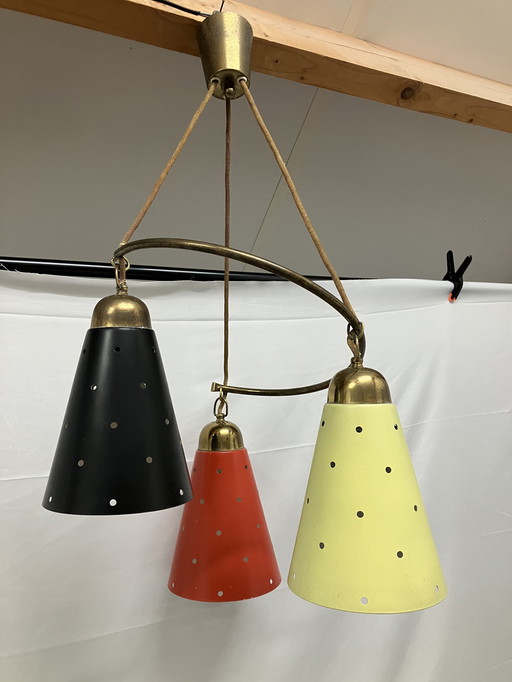 Vintage mcm 1950s pendant lamp brass, perforated shades