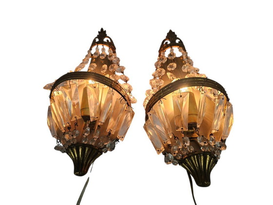 Image 1 of Stile Hollywood Regency - 2 lampade da parete - Dorate - Cristallo - Francia - Anni '60