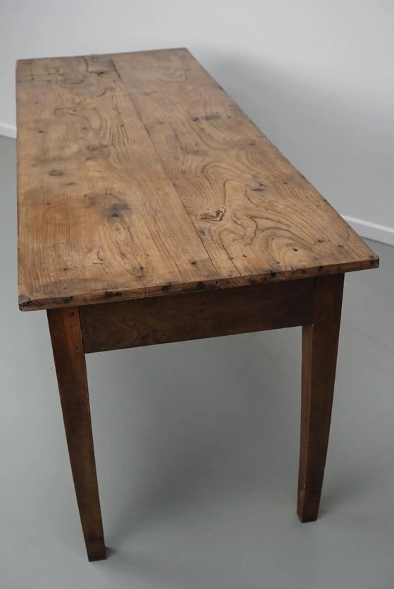 Image 1 of Antique French rustic farm table in light elm wood, 19th century