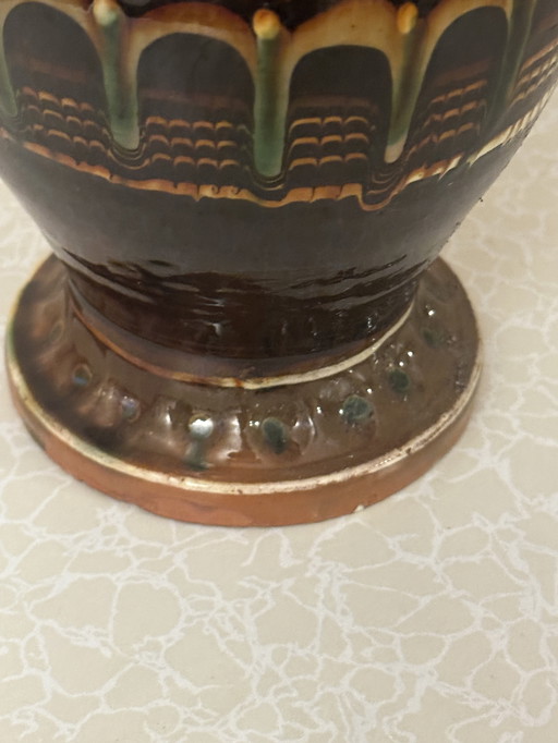 Vintage glazed pottery pitcher from Romania H 27 cm