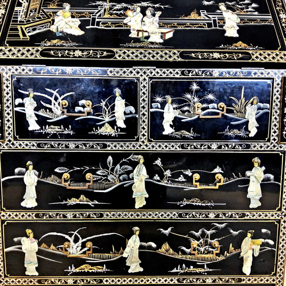 Image 1 of Vintage Chinese Lacquer Secretary / Desk with Mother-of-Pearl Overlay / Bohemian / Oriental Cabinet