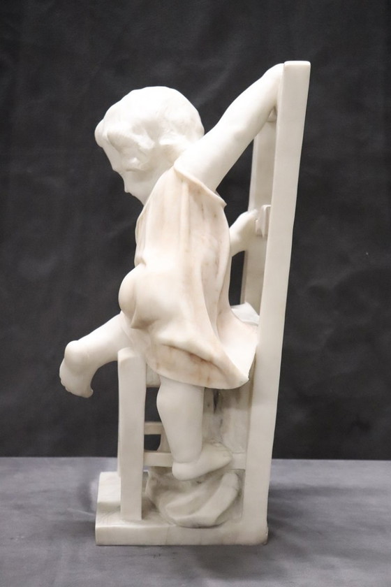 Image 1 of Child Gets off Chair, 19th Century Italian Marble Sculpture, Signed