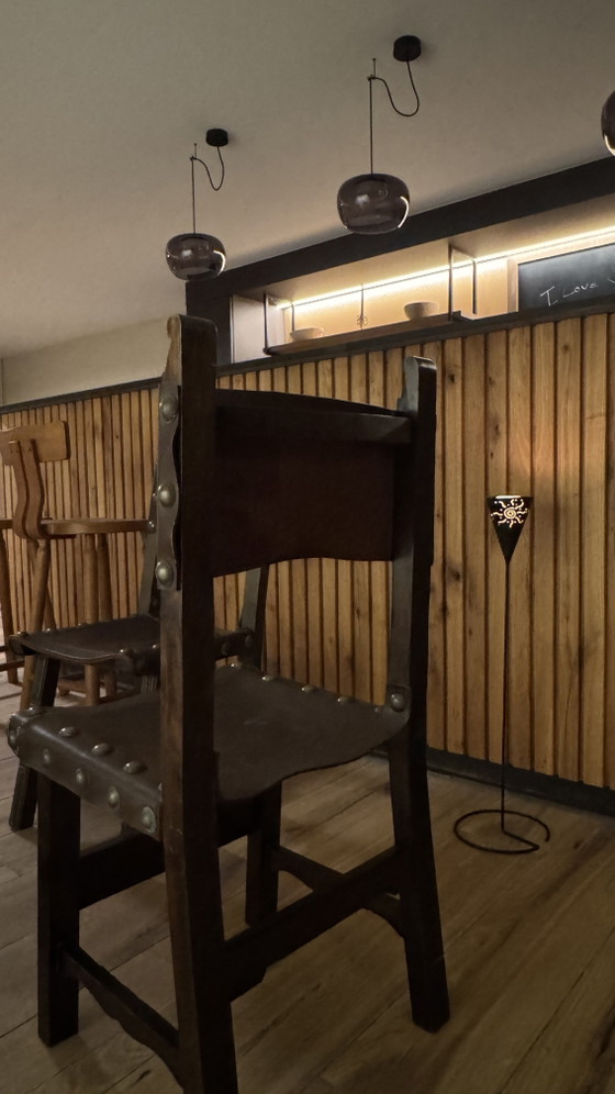 Set van 4 vintage Spaanse stoelen – jaren 60/70 – Eetkamerstoelen, Wood, Leather (photo 7 of 8)