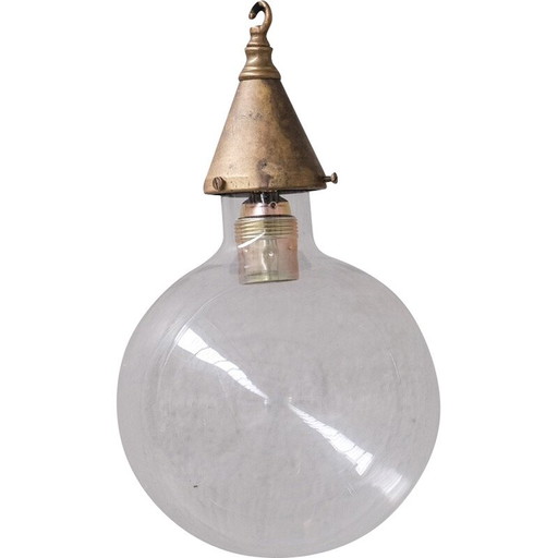 Vintage glass and brass pendant lamp, France 1960