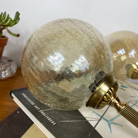 Pair of antique brass torch-style wall sconces with vintage gold crackled glass globes – Wall lights (photo 4 of 9)