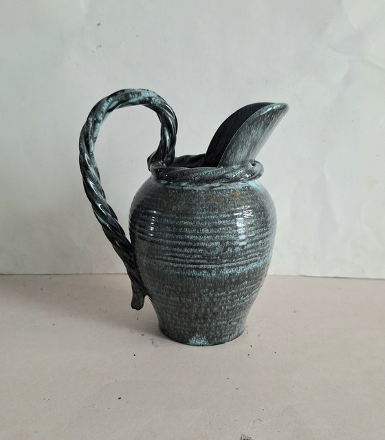 Image 1 of Alexandre de Wemmel ceramics, Heffen, Belgium. Green handmade jug with a twisted handle, 1950s.