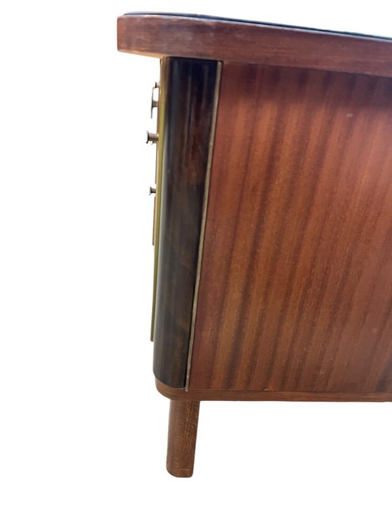 Image 1 of 50s wooden chest of drawers with brass band style elements, typical German Mid - Century design