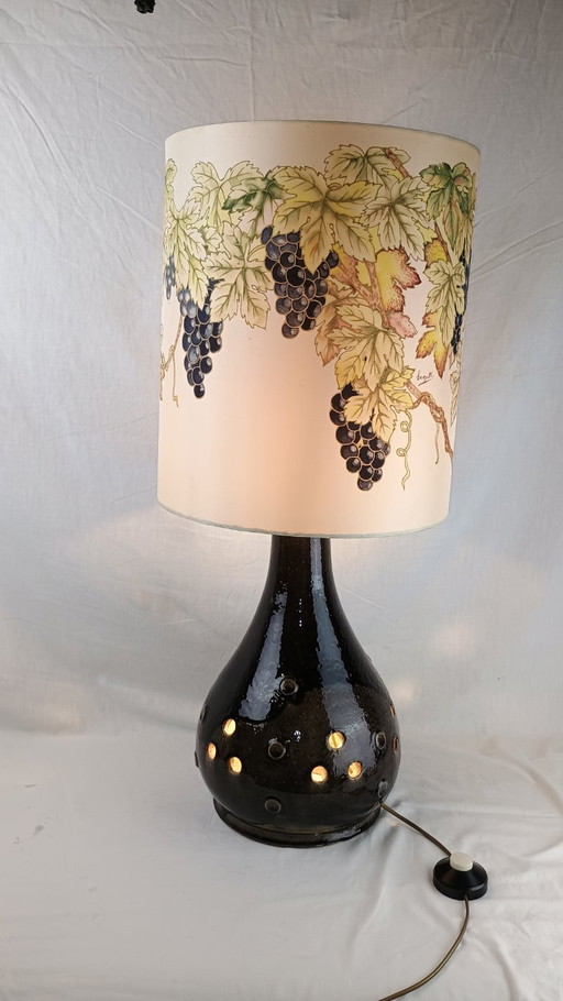 Vintage 70er Keramik Stehlampe mit signiertem Schirm - West Germany Stil, Traubenmuster, Mid-Century Design