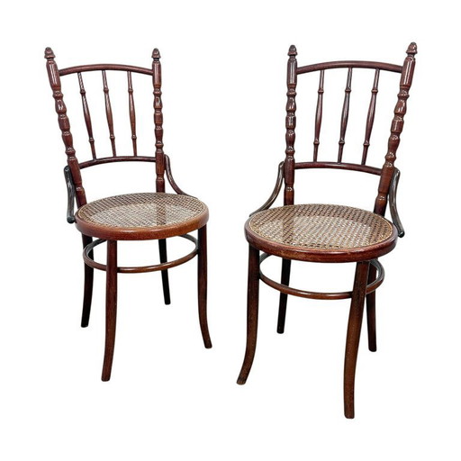 Set of two antique Fischel bentwood chairs – Viennese café chairs – webbing seats