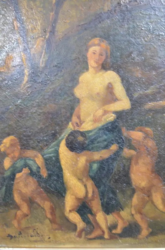 19e-eeuws Frans School Mythologisch Olieverfschilderij, Nimf en Drie Putti – Schilderijen & Tekeningen (photo 7 of 15)