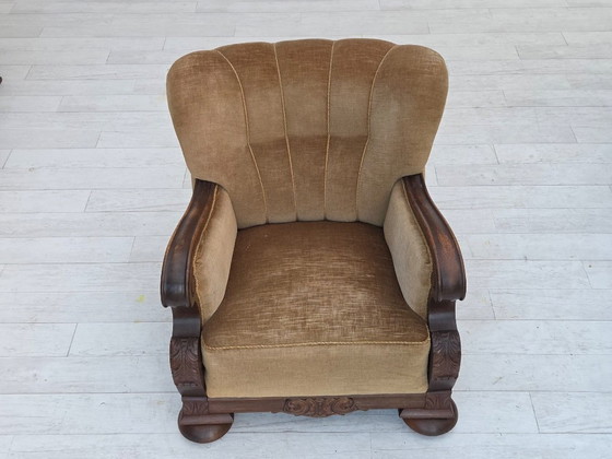 Image 1 of 1960s, Danish armchair, original green furniture velour, carved oak wood.
