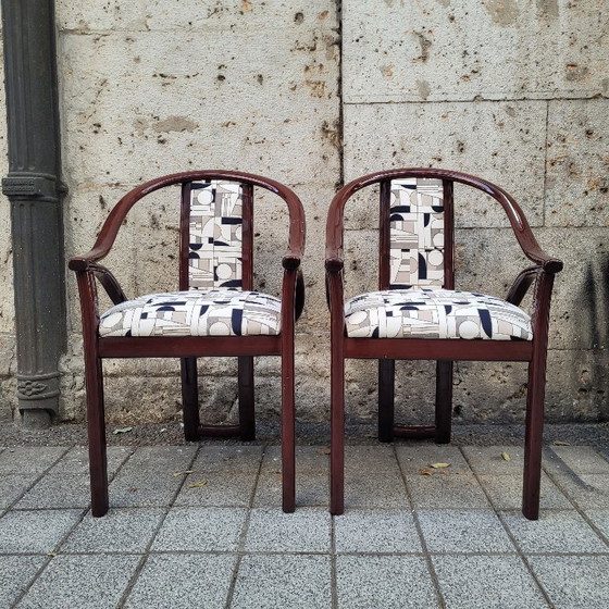 Image 1 of Set aus 4 Art-Deco-Stühlen, bezogen mit „Euphoria Cubista“, Misia Paris, 70er Jahre – Frankreich