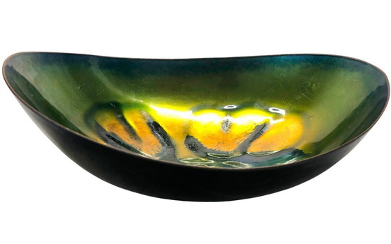 Image 1 of Ciotola vintage italiana in metallo smaltato Laurana Rame d’Arte – Piatto decorativo di metà secolo