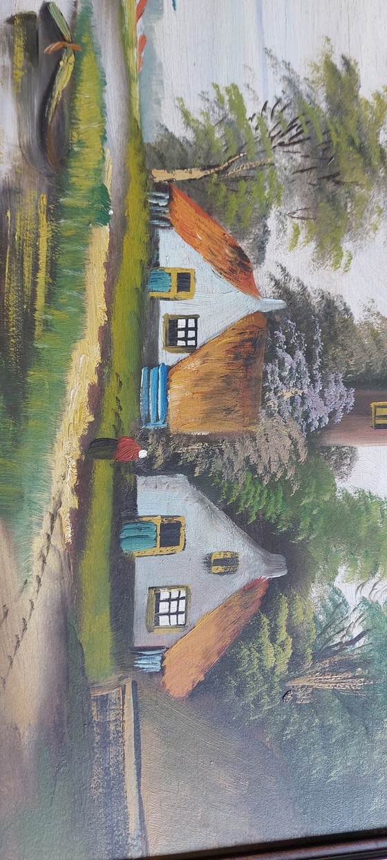 Image 1 of Painting Farm and Church on Panel with Beautiful Frame