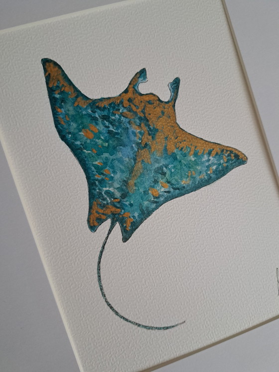 Image 1 of Original watercolor stingray turquoise gold | Includes frame