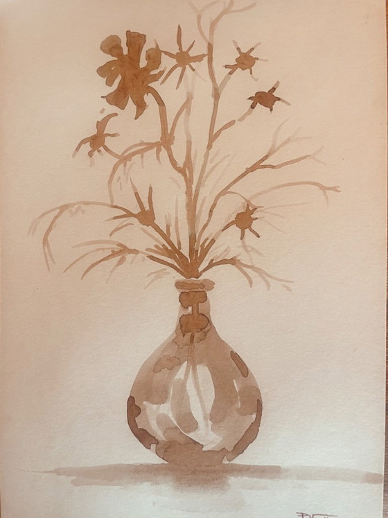 Image 1 of Signed painting, still life "dried flowers", monochrome watercolor