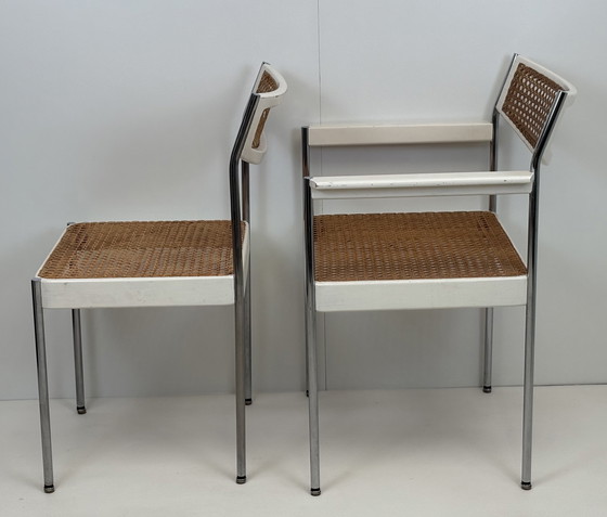 Image 1 of 2 x vintage armchair rattan/webbing chrome tube frame white wood