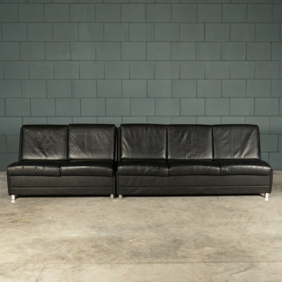 Image 1 of Set schwarzer Ledersofas aus der Mitte des Jahrhunderts – 1960er Jahre