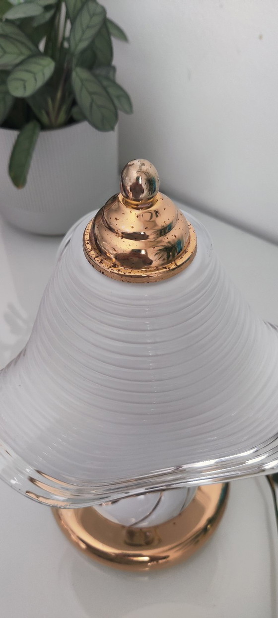 Image 1 of Vintage Hollywood Regency Table Lamps, Set of 2, Wavy Ribbed Opaline Glass, White and Gold Retro Bedside Lighting