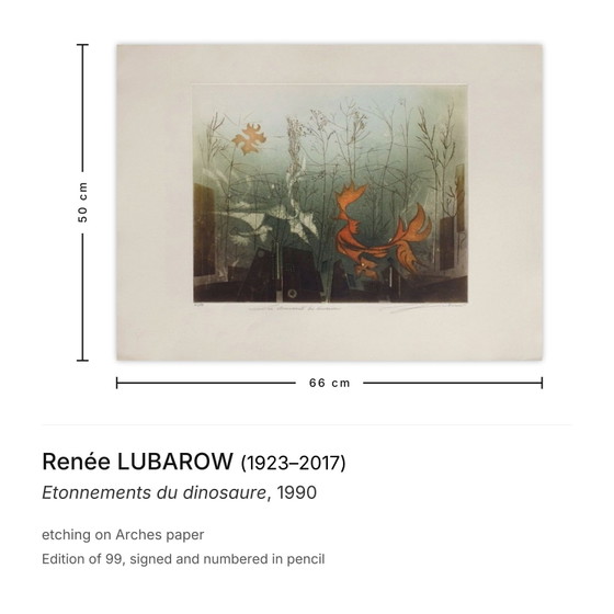 Renée Lubarow signierte die Radierung Etonnements Du Dinosaure 1990 – Lithographien & Drucke, Paper (photo 3 of 5)