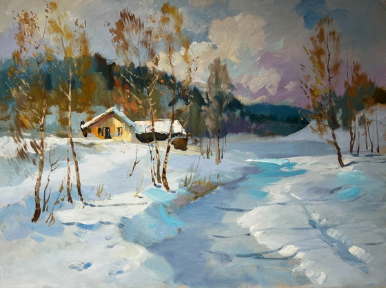 Image 1 of Original Oil Painting Winter Forest Landscape Winter breeze in the forest