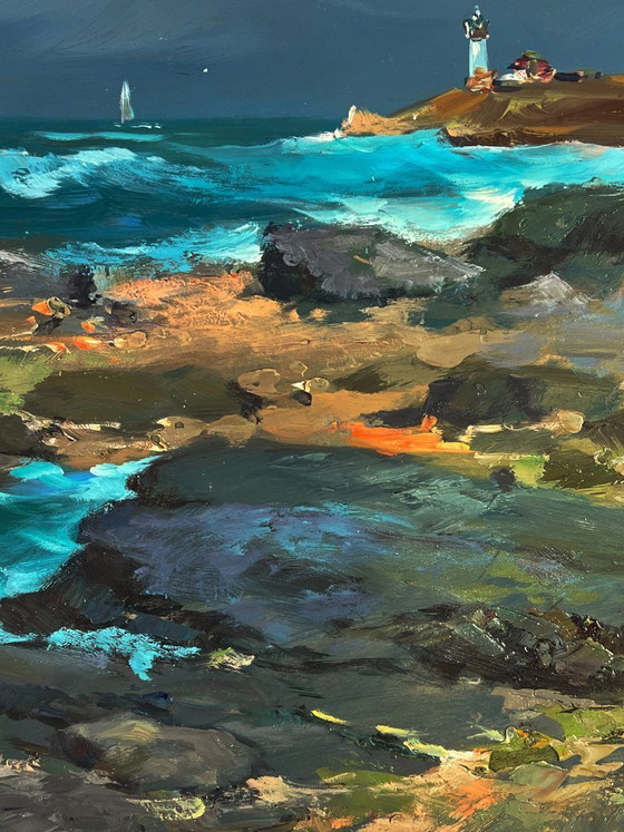 Image 1 of Dipinto ad olio originale: paesaggio marino, rocce, onde, tempesta, mare, costa nuvolosa.